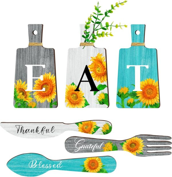 Set of 6 Sunflower Kitchen Decor Cutting Boards Dining Eat Signs Forks and Spoons Hanging Wooden Kitchen Wall Decor Dining Room Hanging Signs Rustic Farmhouse Kitchen Wall Art Decor (Gray，White，Blue)