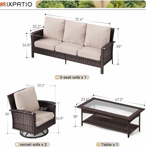4-Piece Patio Furniture Set, Oversized Outdoor Wicker Sofa with Swivel Chairs and Coffee Table, Sectional Rattan Outdoor Conversation Set for Poolside Backyard Deck, Beige - Image 7