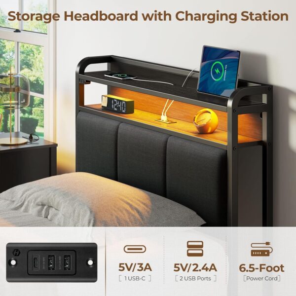 Rolanstar Bed Frame Twin Size with Charging Station and LED Lights, Upholstered Headboard with Storage Shelves, Heavy Duty Metal Slats, No Box Spring Need, Noise Free, Easy Assembly, Dark Grey - Image 4