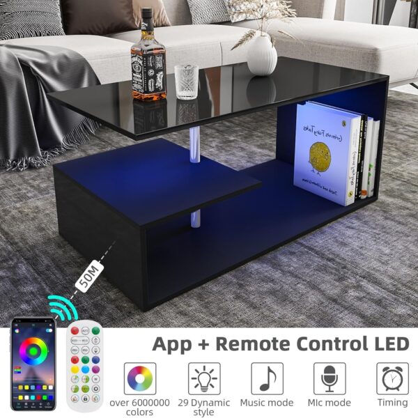 HOMMPA LED Coffee Tables for Living Room Modern Black Coffee Table with S-Shaped 3 Tiers Open Storage Shelf High Gloss Center Sofa Tea Table with LED Lights for Home Office Furniture Black 18" Tall - Image 4
