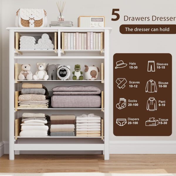 HOUSUIT White Dresser with 5 Drawers, Tall Dresser Chest of Drawers, 5 Drawer Dresser with Deep Space, Wood Dresser Storage Cabinet for Living Room, Hallway, Office, White - Image 5