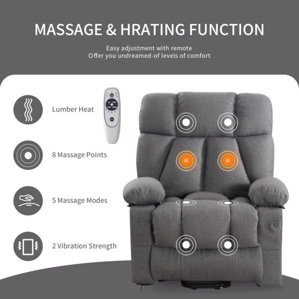 Oversized Power Lift Recliner Chair for Elderly, Big and Tall Lift Chair with Massage and Heat for Living Room, Fabric Electric Recliner Chairs with 4 Side Pockets, USB Charge Port, Grey - Image 3