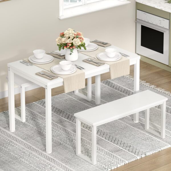 soges Kitchen Table Set with 2 Benches, White Dining Table Set for 4, 3 Piece Dining Room Table and Long Benches, Breakfast Table Coffee Table Set, Industrial Style Wooden Kitchen and Dining Room Set - Image 3