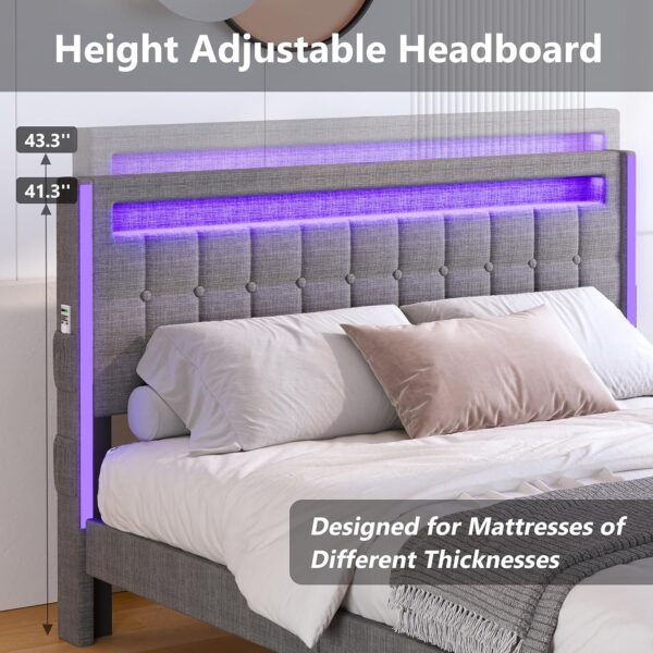 Queen Size Bed Frame with LED Lights and Charging Station, Upholstered Platform Bed with Adjustable Headboard, Queen Size Bed with Wooden Support and Footboard, No Box Spring Needed, Dark Grey - Image 5