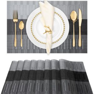 Winknowl Placemats, Set of 8 Heat Resistant Stain Resistant Non-Slip Woven Vinyl Insulation Placemats, Washable Durable Elegant Table Mats for Dining (Black)