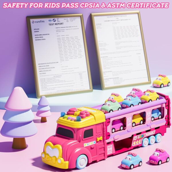 Car Toys for Age 2 3 4 5 6 7 Year Girl Toddler, Foldable Track & 2 Player Race Mode Game, Light & Sound Push Transport Carrier Truck W/ 6 Princess Car, Birthday Gift Idea for Kid - Image 6