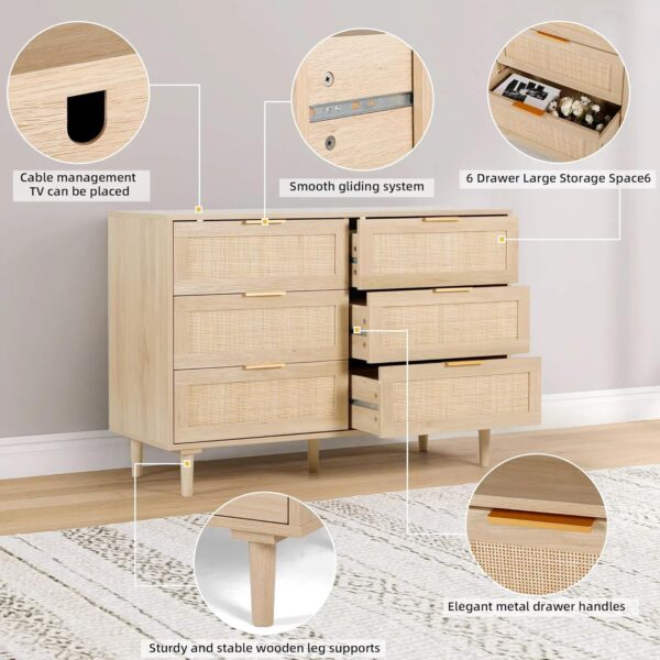 Rattan Dresser for Bedroom, Modern 6 Drawer Double Dresser with Gold Handles, Wood Storage Chest of Drawers fo Bedroom,Living Room,Hallway (Natural) - Image 5