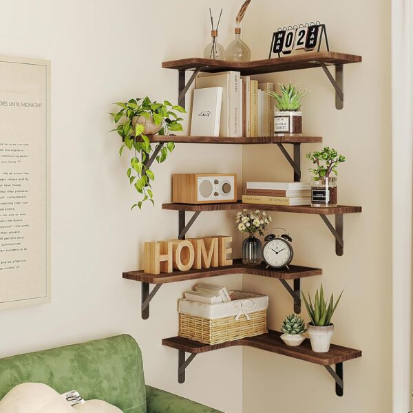 Fixwal Corner Floating Shelves, Rustic Wood Wall Shelves for Bathroom, Kitchen, Bedroom or Living Room (Dark Carbonized Black) - Image 5