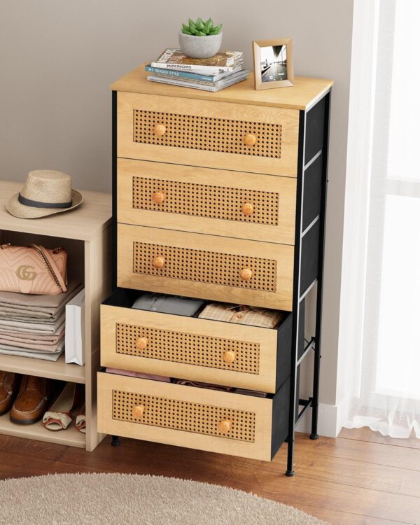 Crestlive Products Rattan Dresser Storage Tower, Tall Fabric Dresser, Chests of Drawers, Wood Top &Wood Handles - Organizer Unit for Bedroom, Hallway, Entryway, Closets - 5 Drawers (Natural) - Image 7