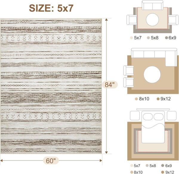Area Rug Living Room Rugs - 5x7 Washable Large Soft Neutral Boho Moroccan Bohemian Farmhouse Rug Indoor Floor Carpet for Bedroom Under Dining Table Home Office Decor - Cream Brown - Image 2