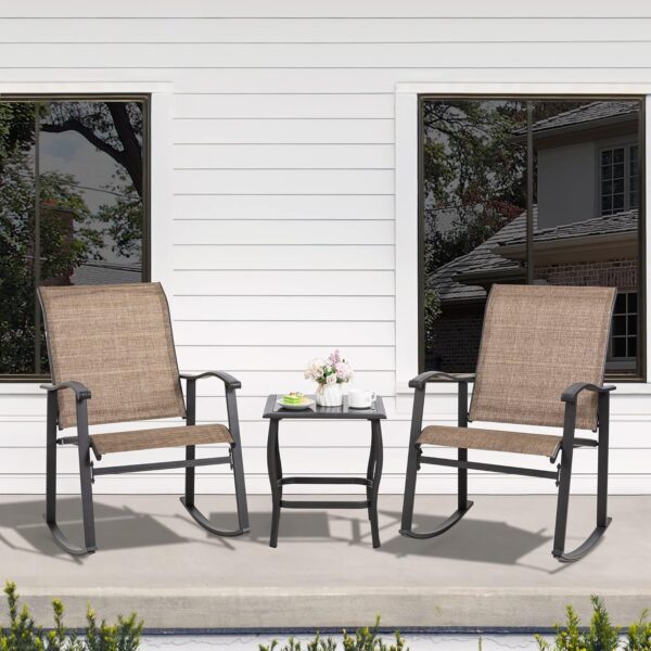 Shintenchi 3 Piece Rocking Bistro Set, Outdoor Furniture with Rocker Chairs and Glass Coffee Table Set of 3, Balcony, Porch Furniture for Small Space, Brown - Image 2