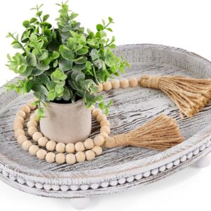 Wooden Decorative Tray-16×11.8" Oval Coffee Table Tray Kitchen Dining Table Centerpiece Decoration Holder Tray,Whitewashed Beaded Farmhouse Tray for Home Easter Thanksgiving Table Decor