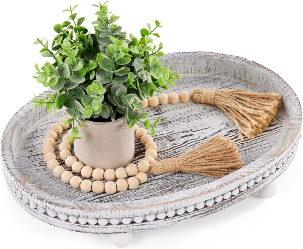 Wooden Decorative Tray-16×11.8" Oval Coffee Table Tray Kitchen Dining Table Centerpiece Decoration Holder Tray,Whitewashed Beaded Farmhouse Tray for Home Easter Thanksgiving Table Decor