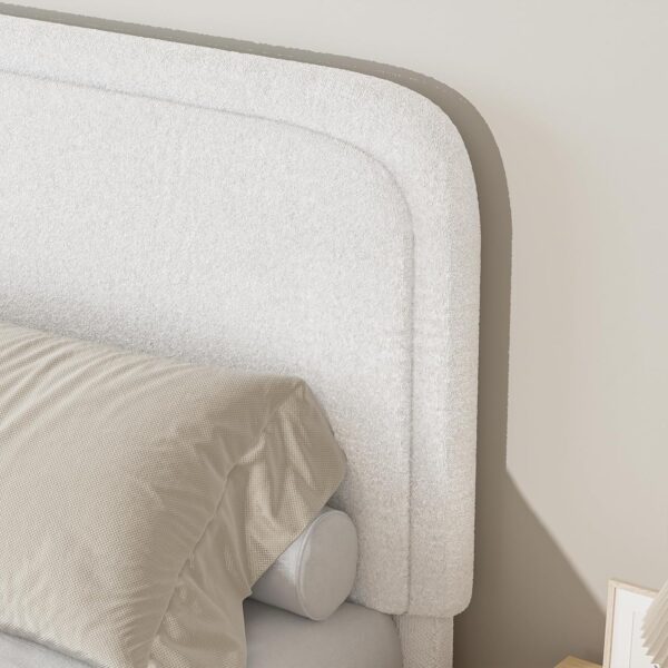 Queen Bed Frame, Boucle Upholstered Platform Bed Frame with Headboard, Modern Style, Soft Rounded Corners, No Box Spring Required, Easy Assembly, White - Image 4