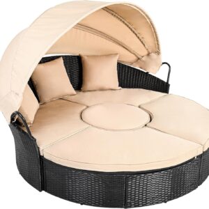 YITAHOME Outdoor Furniture Patio Round Daybed with Retractable Canopy, Soft Cushions, and Storable Side Table for Leisure in Porch Backyard, Light Brown & Beige