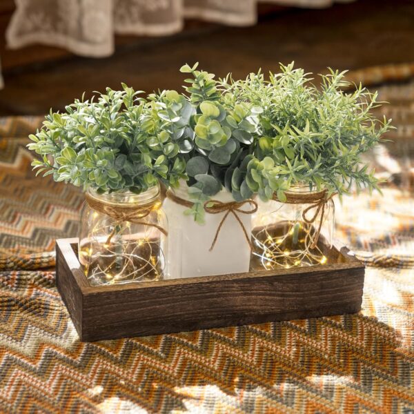 Mkono Mason Jar Table Centerpiece for Dining Room Farmhouse Lighted Dining Coffee Table Decor Wood Tray with 3 Mason Jars Table Summer Centerpiece Decor for Dining Room Bathroom Kitchen, White - Image 3