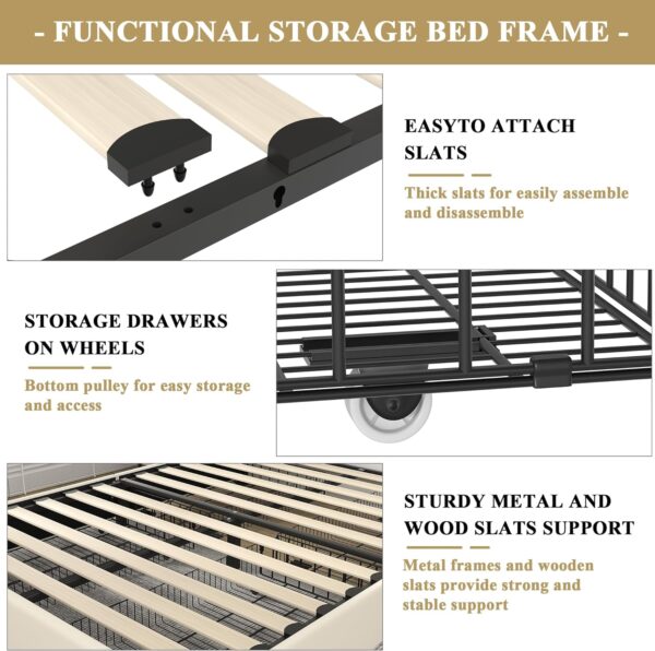 VECELO Full Size Upholstered Platform Bed Frame with 4 Storage Drawers, Adjustable Velvet Rivets Headboard, Wooden Slats Support, No Box Spring Needed, Easy Assembly - Image 6