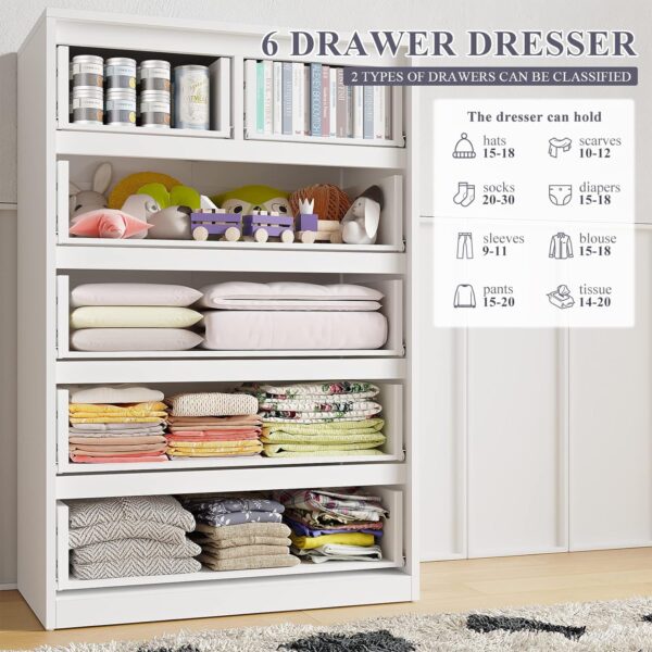 EnHomee Dresser, Dresser for Bedroom, White Dresser with 6 Wood Large Drawers, Dressers & Chests of Drawers with Large Organizer, Tall Dresser with Smooth Metal Rail, White - Image 5