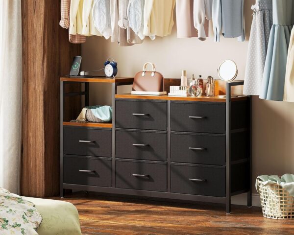 Casaottima Dresser for Bedroom with Charging Station, 52" Long Dresser with 8 Storage Drawers, Large Fabric Dressers Chests of Drawers with Shelves, Black and Vintage - Image 5