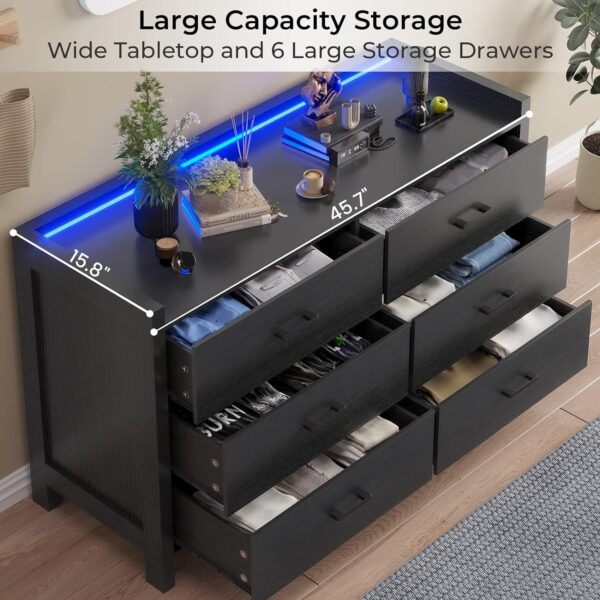 Hasuit Black Dresser for Bedroom with LED Lights, Large Capacity Wooden Storage Cabinet, Chest of 6 Drawers Dresser, LED Dresser for Hallway, Entryway (Modern Black) - Image 3