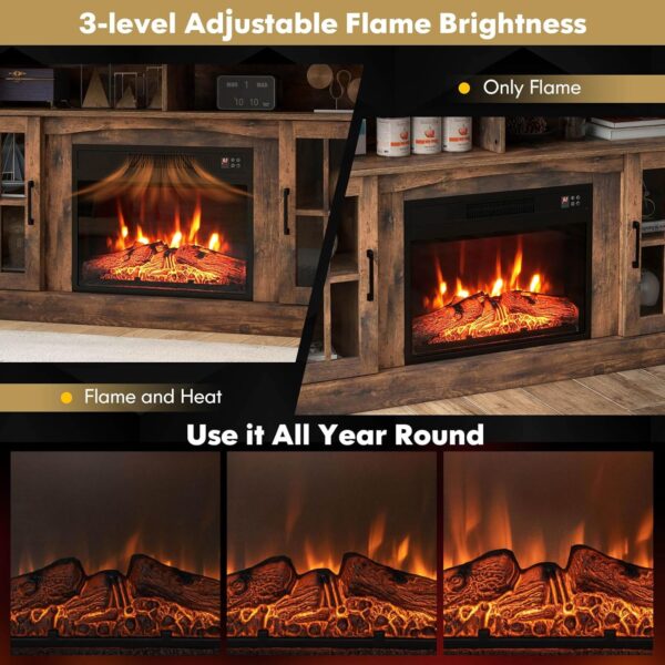 COSTWAY Electric Fireplace TV Stand for TVs Up to 65 Inches, 1400W Heater Insert with Remote Control, 6H Timer, 3-Level Flame, Overheat Protection and CSA Certification, Adjustable Shelves, Brown - Image 5