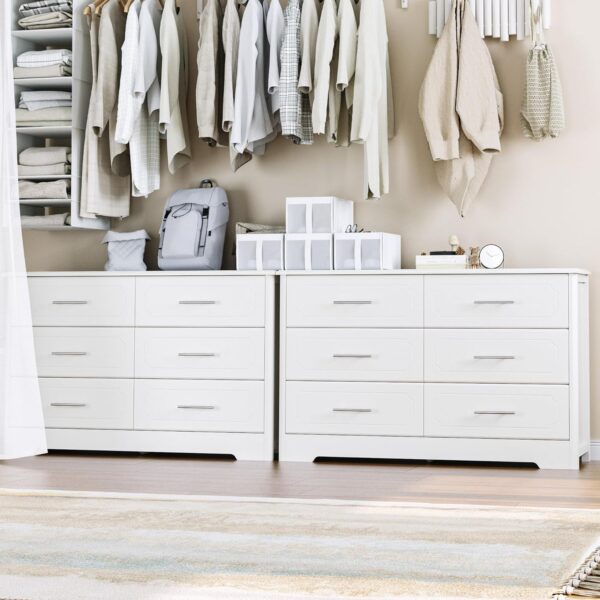 HOSATCK 6 Drawer Dresser, Modern White Double Dresser, Wide Chest of Drawers with Metal Handels, Accent Wood Storage Dresser Chest Organizers for Living Room, Hallway, Entryway (Trapezoid/White) - Image 4