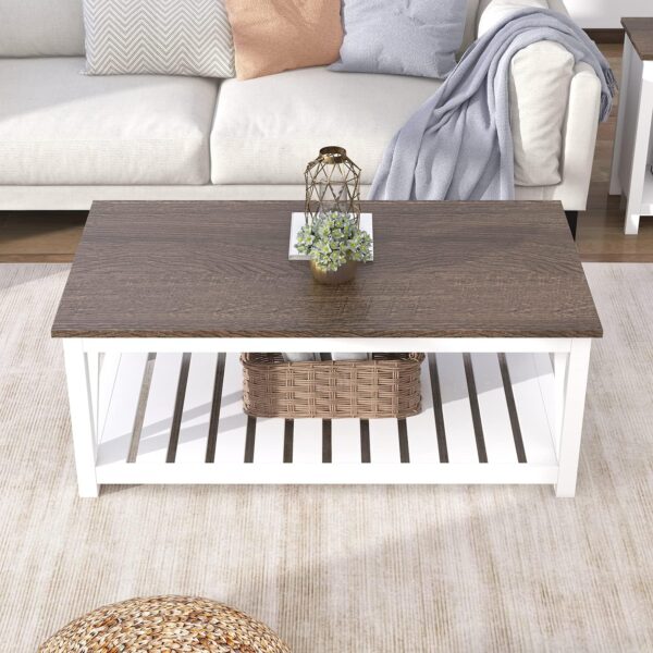 ChooChoo Farmhouse Coffee Table, Rustic Vintage Living Room Table with Shelf, 40 White - Image 3