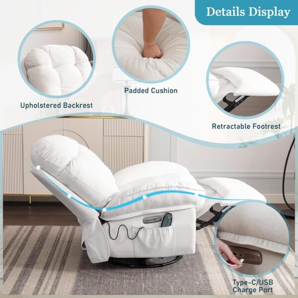 DYHOME Power Recliner Chair, Massage Chair Recliner with Heated, Modern Swivel Rocking Recliner Chairs for Adults with USB, USB-C, White Reclining Swivel Chairs for Living Room, Bedroom - Image 6
