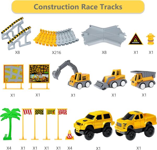 Kids Toys 253 PCS Construction Race Tracks Toy for 3 4 5 6 7 8 Year Old Boys Girls, 5 PCS Construction Truck Car and Flexible Track Play Set Create A Engineering Road Games Toddler Toys Birthday Gifts - Image 2