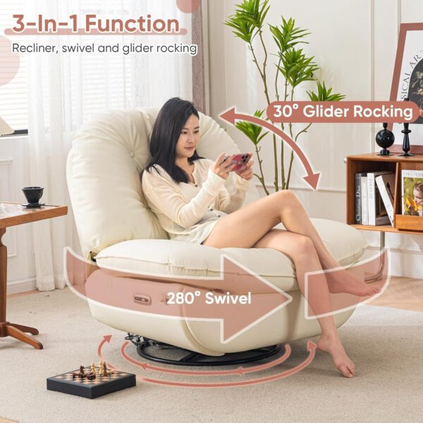 Oversized Electric Recliner Chair, 360 Swivel Rocking Glider Rocker for Adults Modern Ergonomic Lounge for Living Room Phone Stand& Smart Theater Seating (Beige, Silicone Leather) - Image 3
