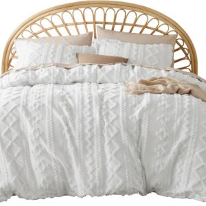 Bedsure Boho Duvet Cover Queen - Tufted Duvet Cover Queen Size for All Seasons, 3 Pieces Soft Shabby Chic Embroidery Boho Bedding Duvet Cover for Gifts (White, Queen, 90x90)