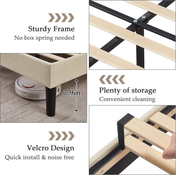 VECELO Full Size Bed Frame Premium Velvet Upholstered Platform with Height Adjustable Headboard/Mattress Foundation, Solid Wooden Slat Support, No Box Spring Needed/Easy Assembly - Image 7
