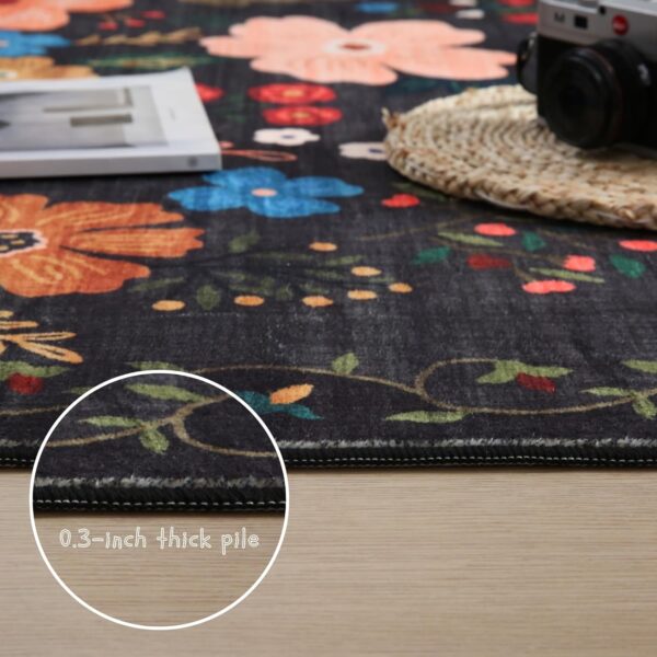 Living Room Rug 5x7 Rug Machine Washable Boho Area Rug Non Slip Floral Vintage Low Pile Large Rugs for Living Room, Bedroom, Farmhouse, Dining Room, Kids Playroom(Black) - Image 4