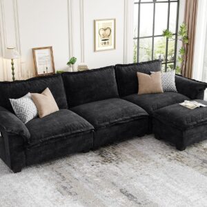 Modular Cloud Couch Sectional Sofa 123", Comfy Sectional Couches for Living Room, Modern Deep 3-Seat L Shaped Sofas, Oversized Cloud Sectionals with Movable Ottoman, High Back, Chenille Black