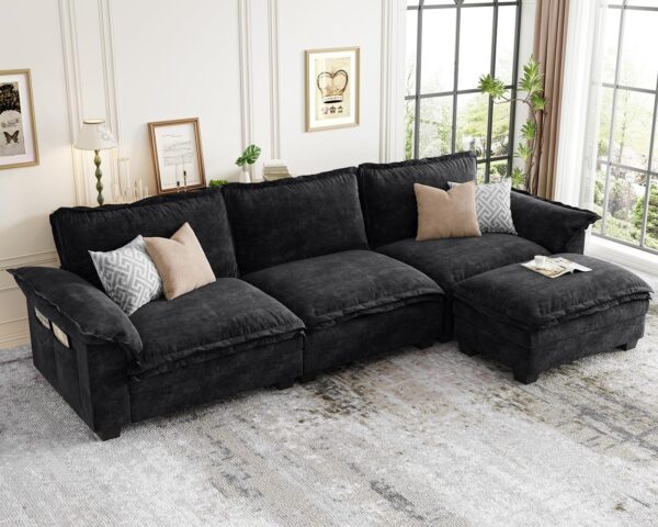 Modular Cloud Couch Sectional Sofa 123", Comfy Sectional Couches for Living Room, Modern Deep 3-Seat L Shaped Sofas, Oversized Cloud Sectionals with Movable Ottoman, High Back, Chenille Black