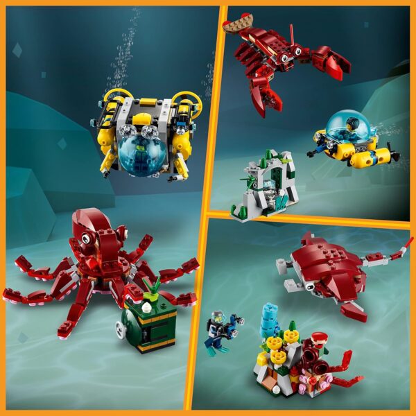 LEGO Creator 3 in 1 Sunken Treasure Mission Submarine Toy, Underwater Creatures Transform from Octopus tp Lobster to Manta Ray, Fun Sea Animal Figures, 31130 - Image 4