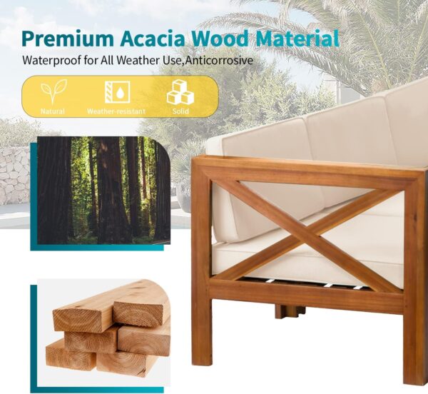 5-Piece Acacia Wood Outdoor Sofa Set Patio Bistro Set Furniture Outdoor Chat Conversation Table Chair Set with Water Resistant Cushions and Coffee Table for Beach Backyard Garden - Image 5