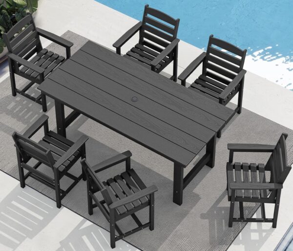 SERWALL 7-Piece Patio Dining Table Sets, Outdoor HDPE Dining Furniture Set with Umbrella Hole Cut-Out Table and 6 Chairs, Black