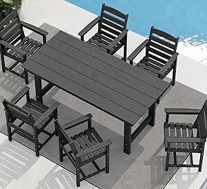 SERWALL 7-Piece Patio Dining Table Sets, Outdoor HDPE Dining Furniture Set with Umbrella Hole Cut-Out Table and 6 Chairs, Black