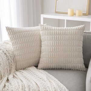 ANRODUO Pack of 2 Cream White Pillow Covers Decorative Throw Pillows 18x18 Inch for Couch Bed Living Room Soft Corduroy Striped Square Cushion Case Boho Throw Pillows Neutral Room Christmas Room Decor