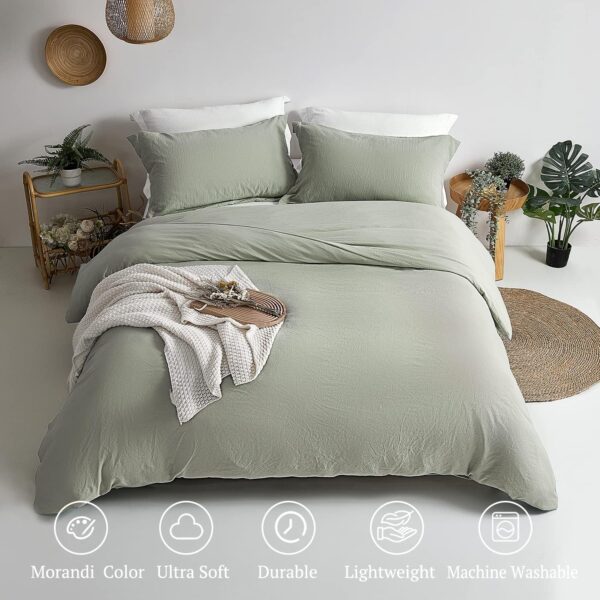 MILDLY Super Soft Duvet Cover - 100% Washed Microfiber October Mist Sage Comforter Cover Set 3 Pieces with Zipper Closure & Corner Ties (No Comforter) - Image 2