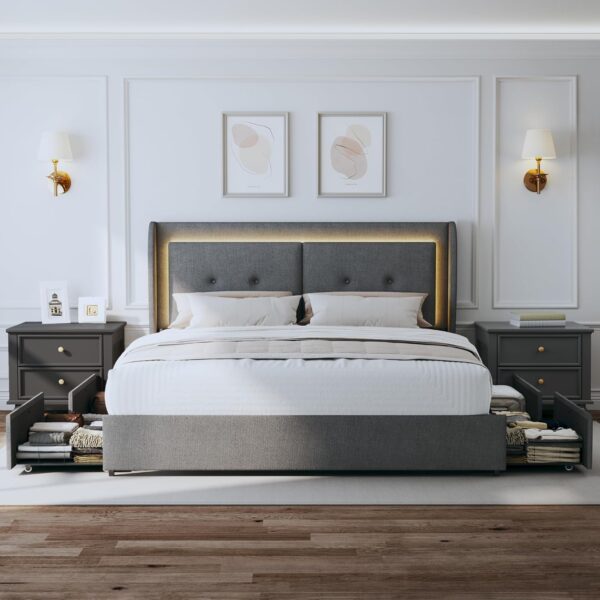 Queen Bed Frame with Storage Drawers, Upholstered LED Bed Frame Queen Size with Wingback Headboard, Platform Bed Frame with Storage, No Box Spring Needed, No-Noise, Easy Assembly - Image 7