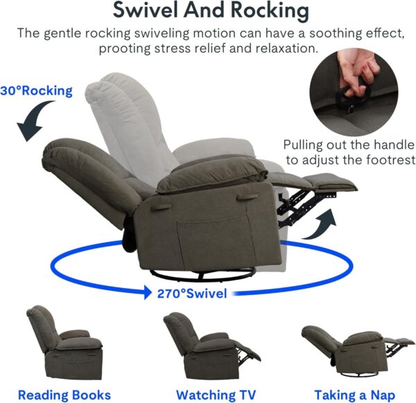FLEXISPOT XRC2 Swivel Rocker Recliner Chair for Adults - Massage Reclining Chair w/Heat & Vibration, 270° Swivel Manual Rocking Chair Single Sofa for Living Room Bedroom (Brown) - Image 5
