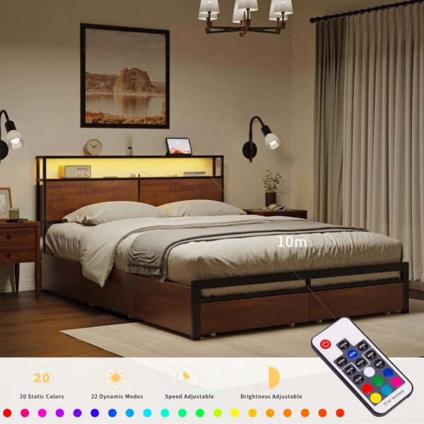 Queen Bed Frame with Storage Headboard and 4 Drawers LED Lights Metal Platform Non-Slip Without Noise Mattress Foundation Strong Metal Slats Support No Box Spring Needed - Image 3