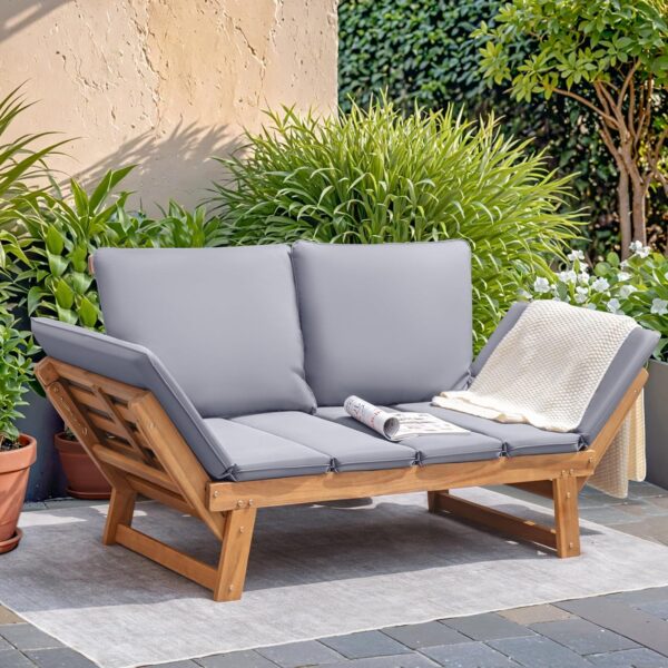 Devoko Outdoor Couch Acacia Wood Patio Couch with Adjustable Armrests,Outdoor Convertible Sofa with Removable Cushions&Pillows for Patio, Porch, Poolside(Grey) - Image 2