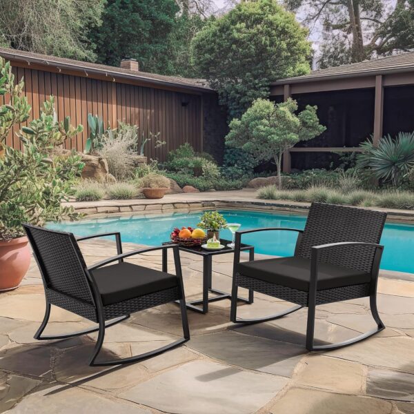 Homall Patio Furniture Set 3 Piece Resin Outdoor Bistro Set Rocking Patio Chairs with Cushions and Table for Porch, Poolside, Balcony and Yard (Black) - Image 5