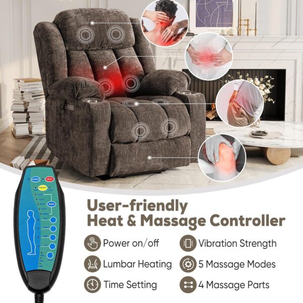 Large Power Lift Chairs Recliners for Elderly with Heated and Massage, Upgraded Chenille Lift Chairs Recliners, USB-A and USB-C, Cup Holder, Side Pocket, Brown - Image 4