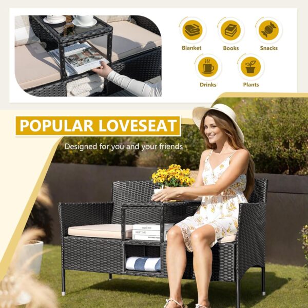Devoko Outdoor Patio Loveseat Modern Rattan 2-Seat Patio Conversation Set with Cushions & Built-in Coffee Table Porch Furniture for Garden Lawn Backyard (Beige) - Image 3