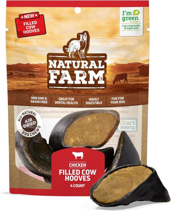 Natural Farm Chicken Filled Cow Hooves for Dogs (4-Pack), Long-Lasting Natural Hoof Beef Bone Treats, Best for Small, Medium & Large Dogs