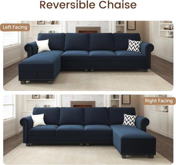 Nolany Velvet Sectional Sofa, L Shaped Sectional Couch with Reversible Chaise Convertible 4 Seater Sofa Couch for Small Space Living Room, Dark Blue - Image 3